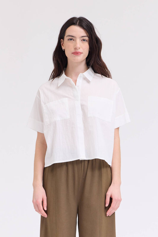 Cropped Button Up Short Sleeve Shirt: White