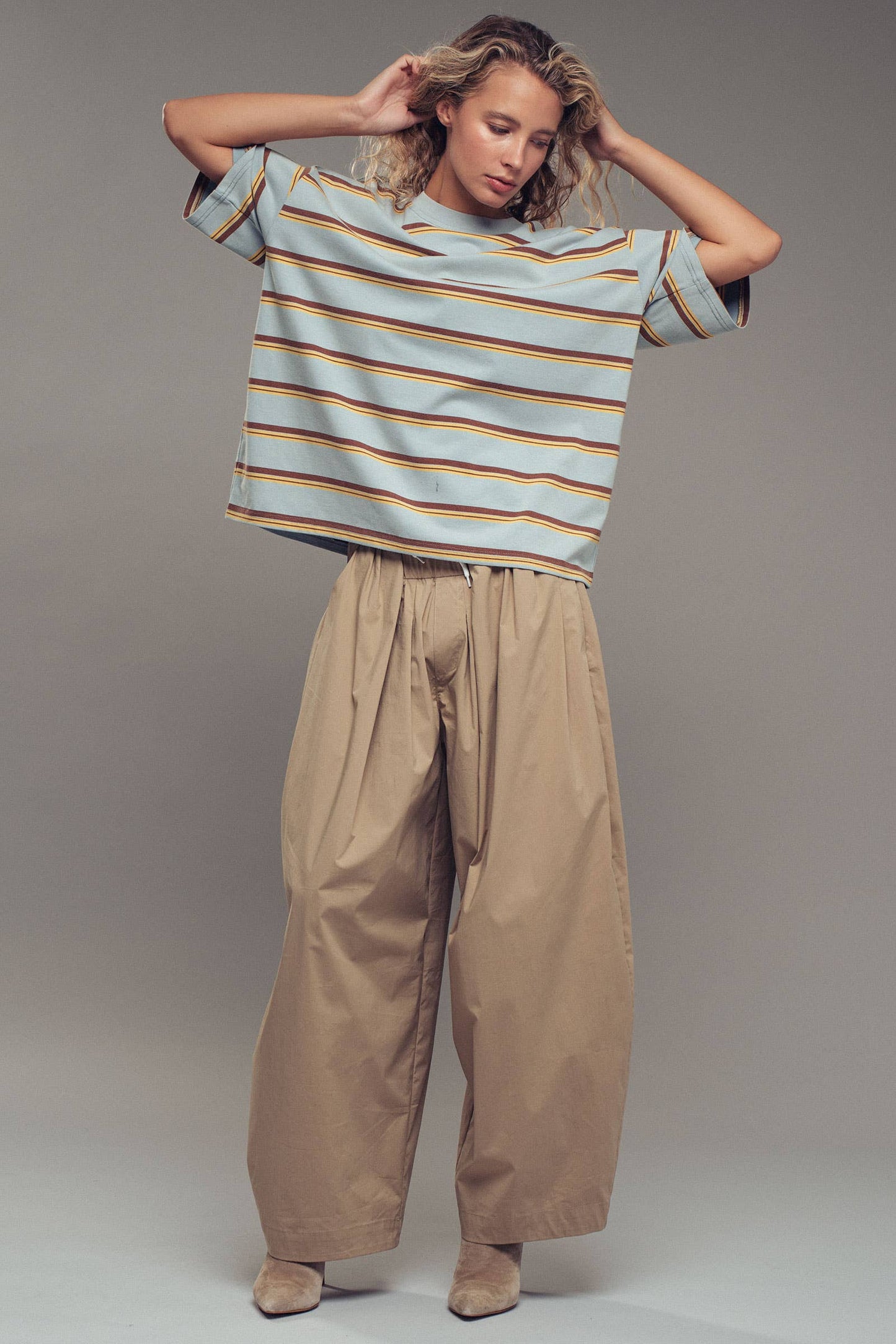 Oversized Striped Western Relaxed Fit Tee: BLUE BROWN