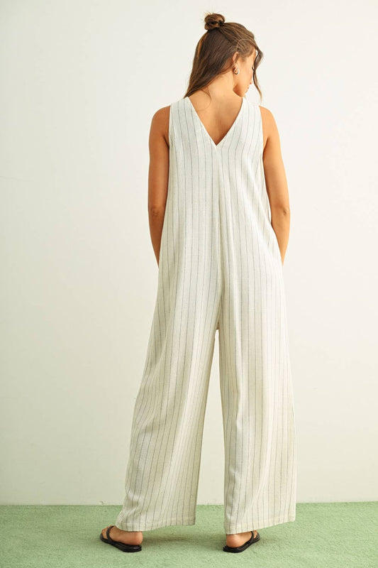STRIPED PATTERN BUTTON FRONT JUMPSUIT: CREAM/BLACK