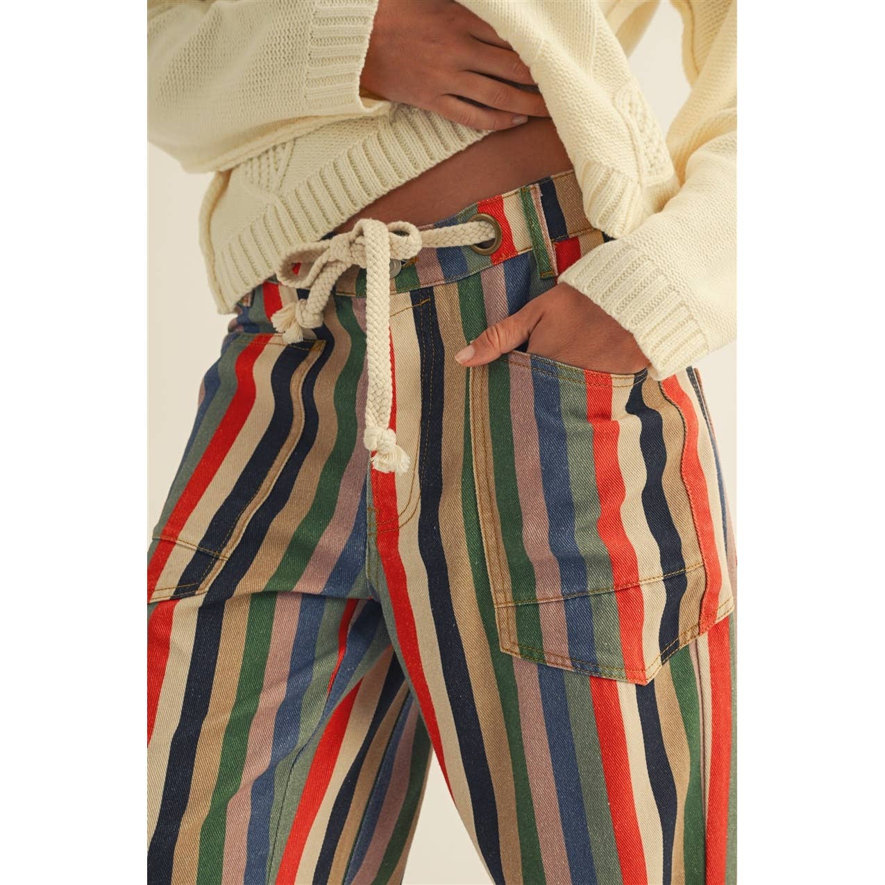 Washed Multi Stripes Rope String Relaxed Fit Pant