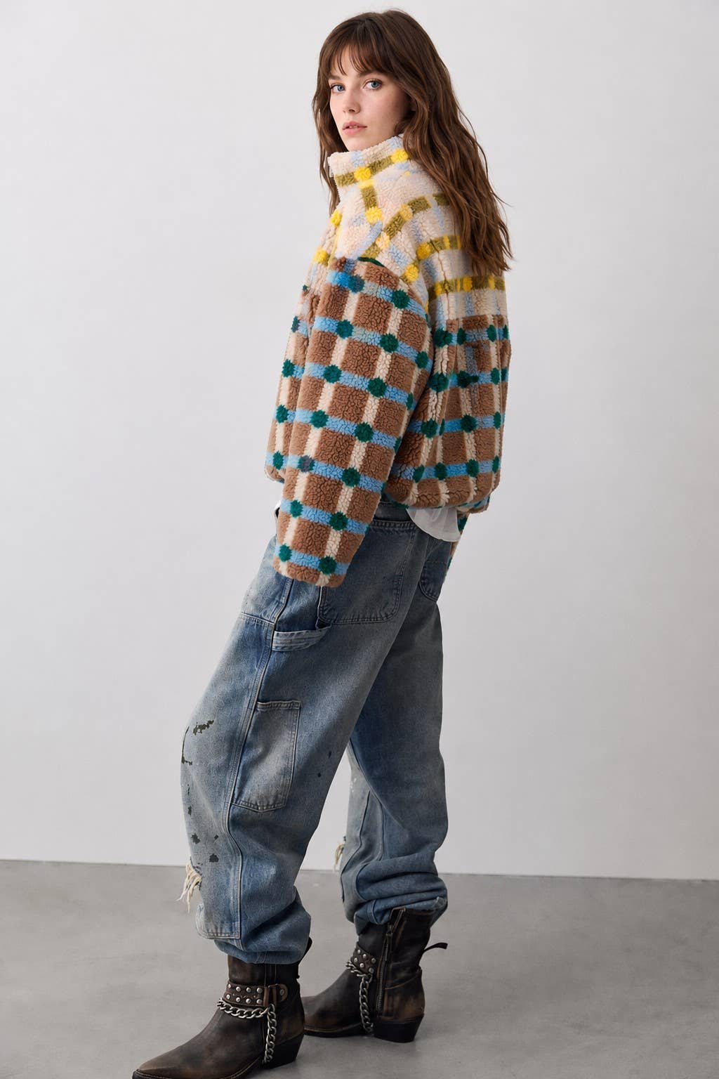 MIXED PLAID COLOR BLOCK SHERPA ZIP-UP JACKET: BROWN/CREAM