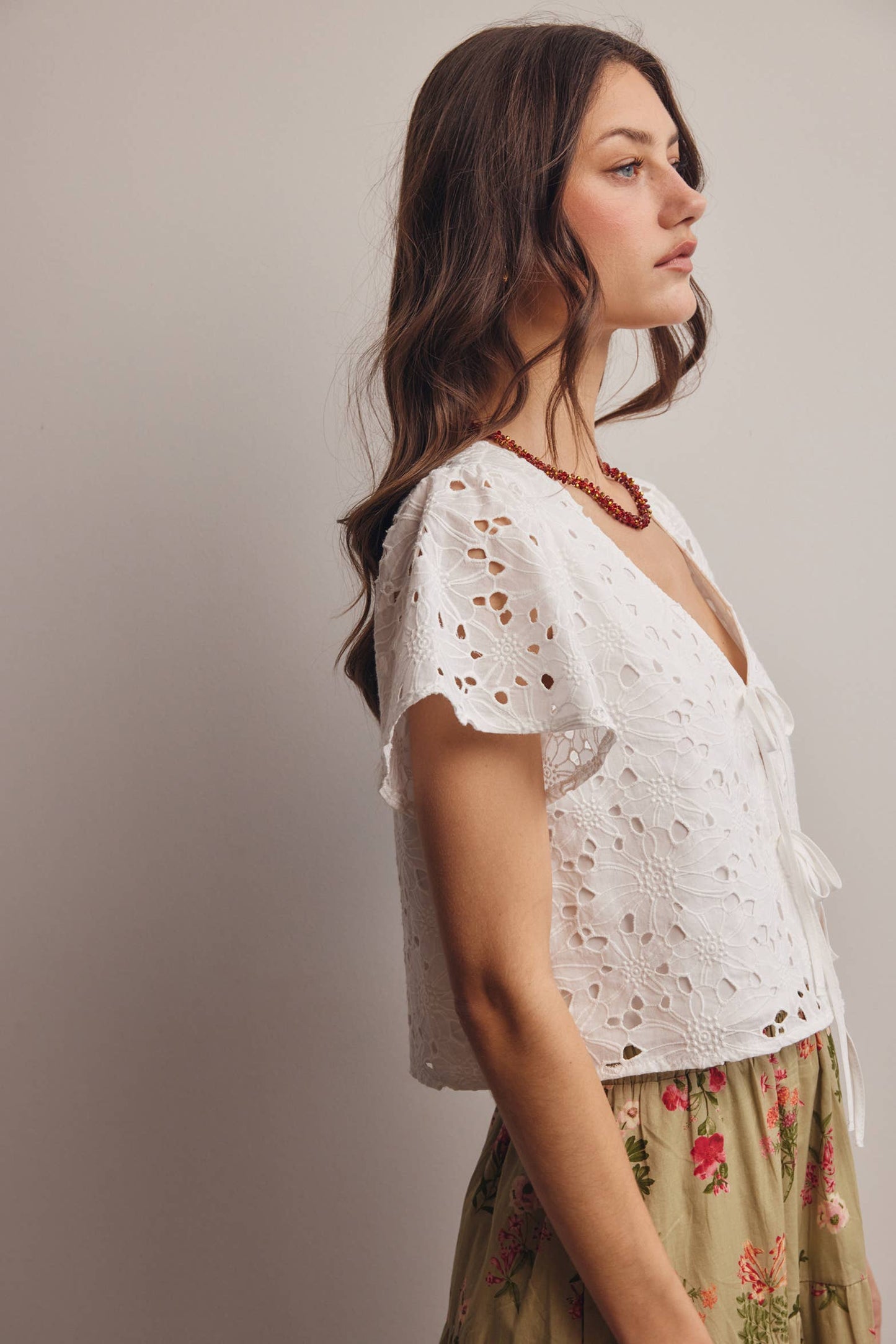 Eyelet Tie-Front Lined Cotton Top: Ivory