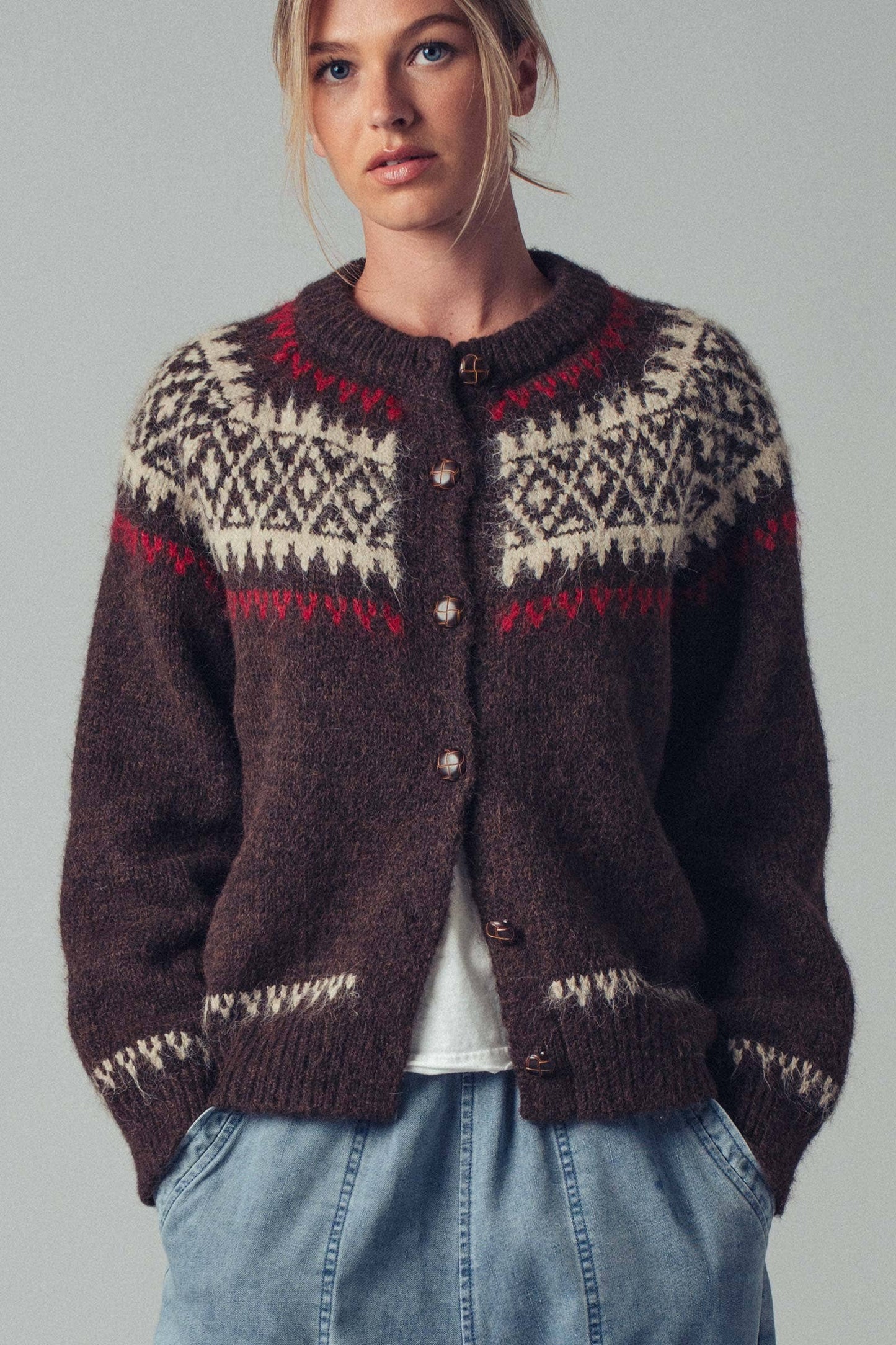 Fair Isle Nordic Toggle Knit Cardigan: BROWN