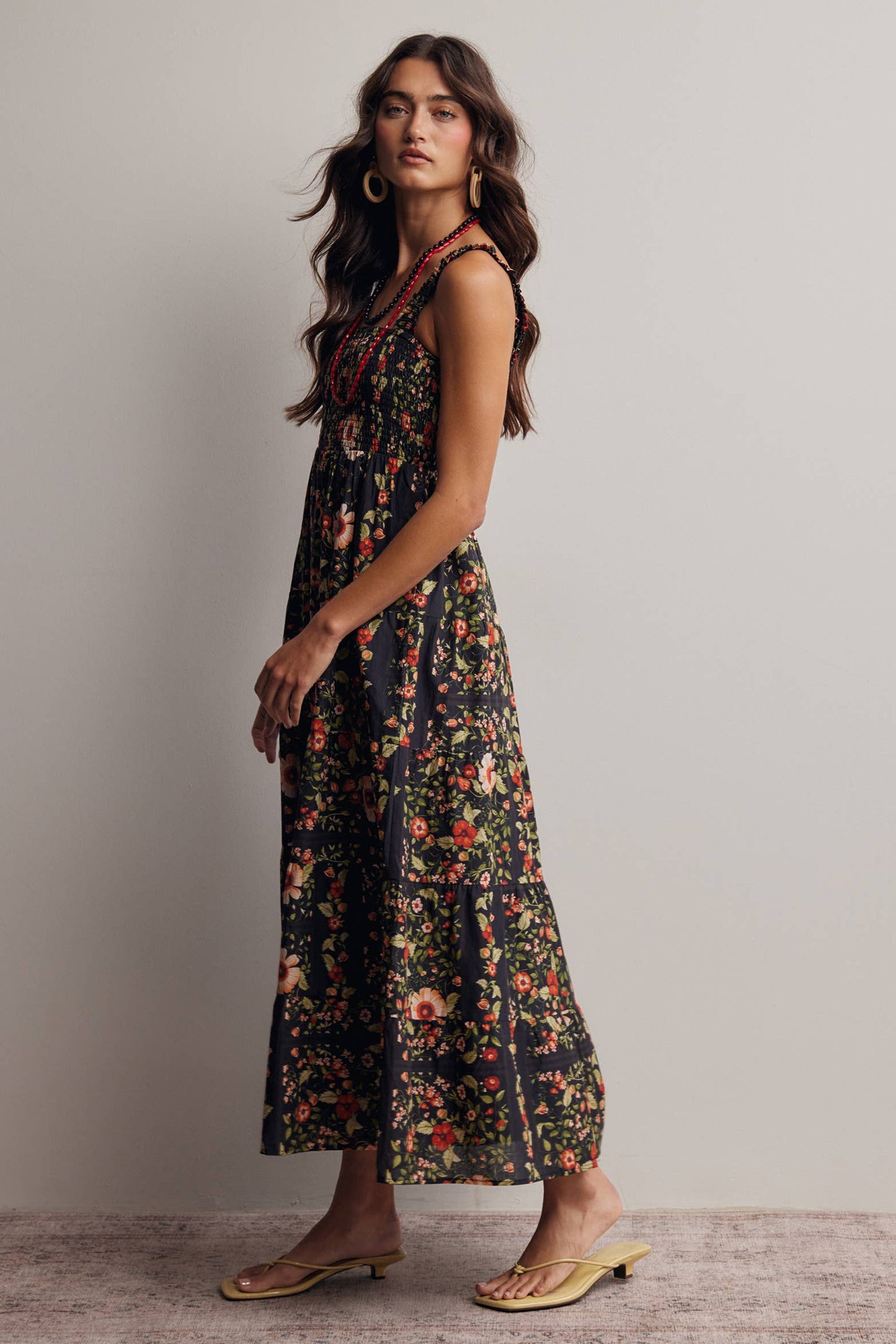 Floral Smocked Tiered Midi Dress: Black