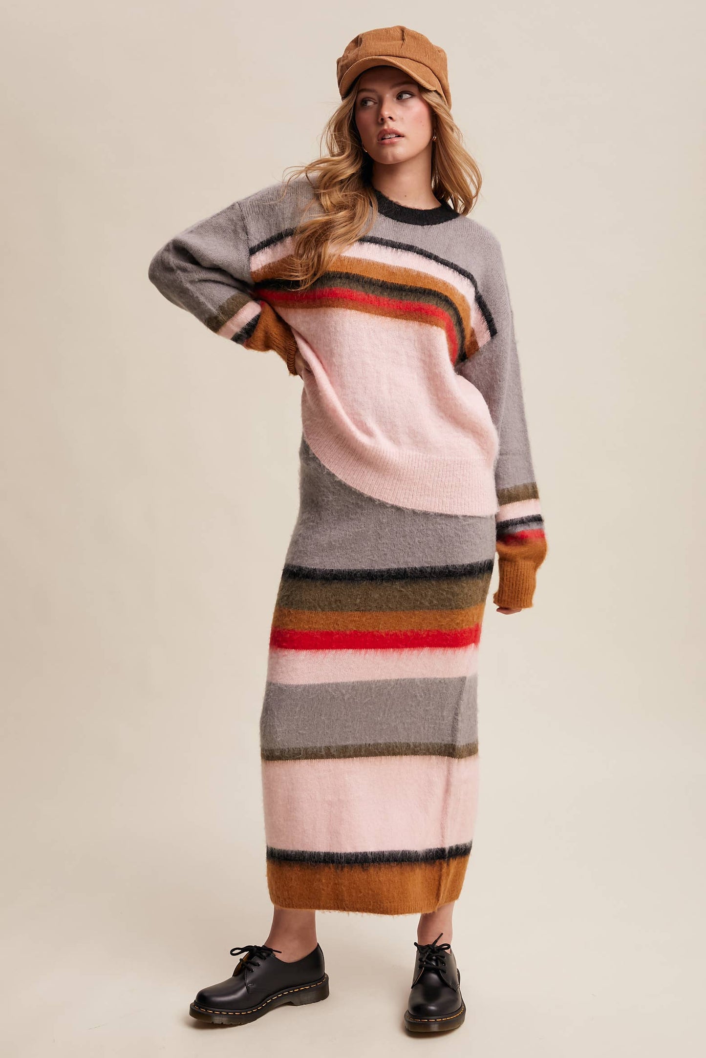 Striped Fuzzy Knit Sweater & Skirt: Light Pink Multi