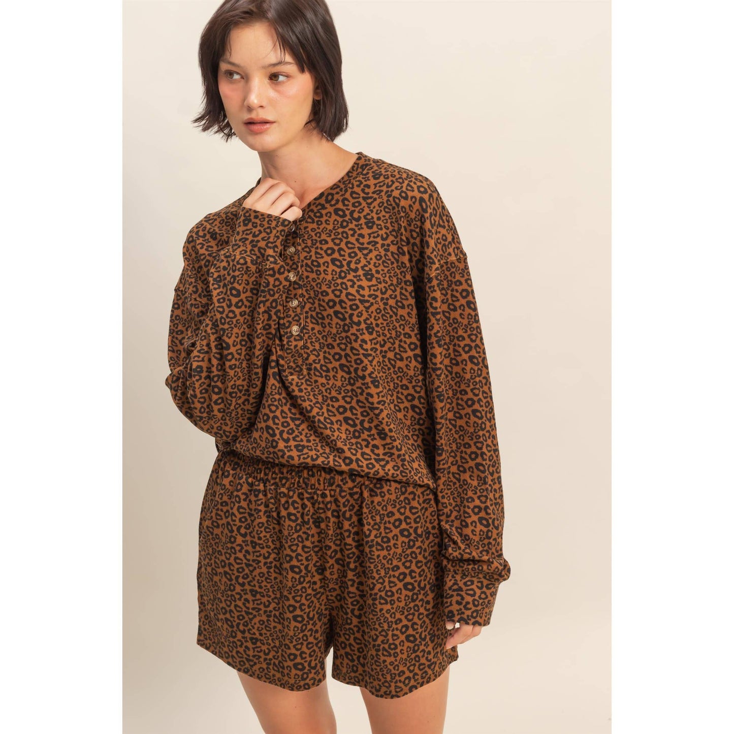 Leopard Print Henley Top & Shorts Set: BROWN
