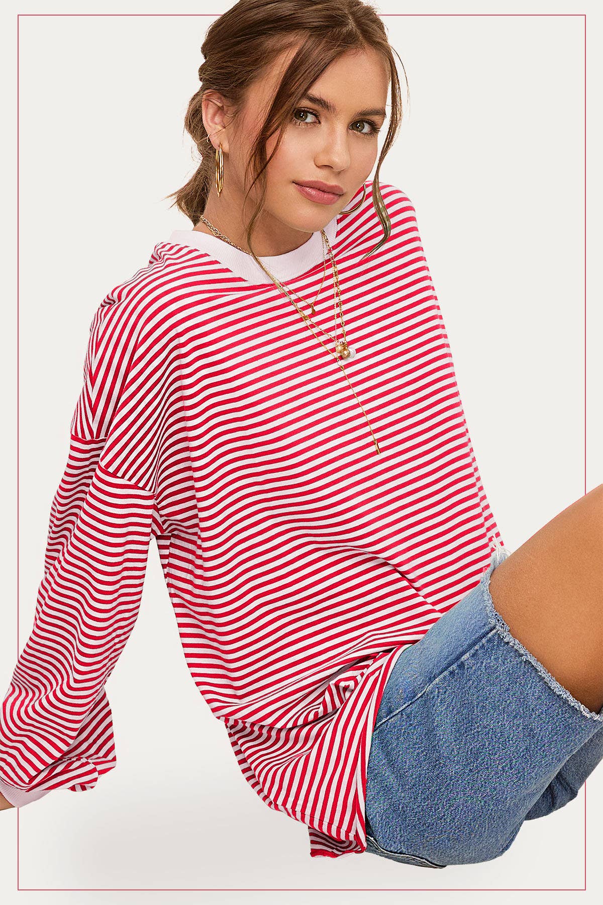 Oversized Striped Long Sleeve Pullover Top: Tomato