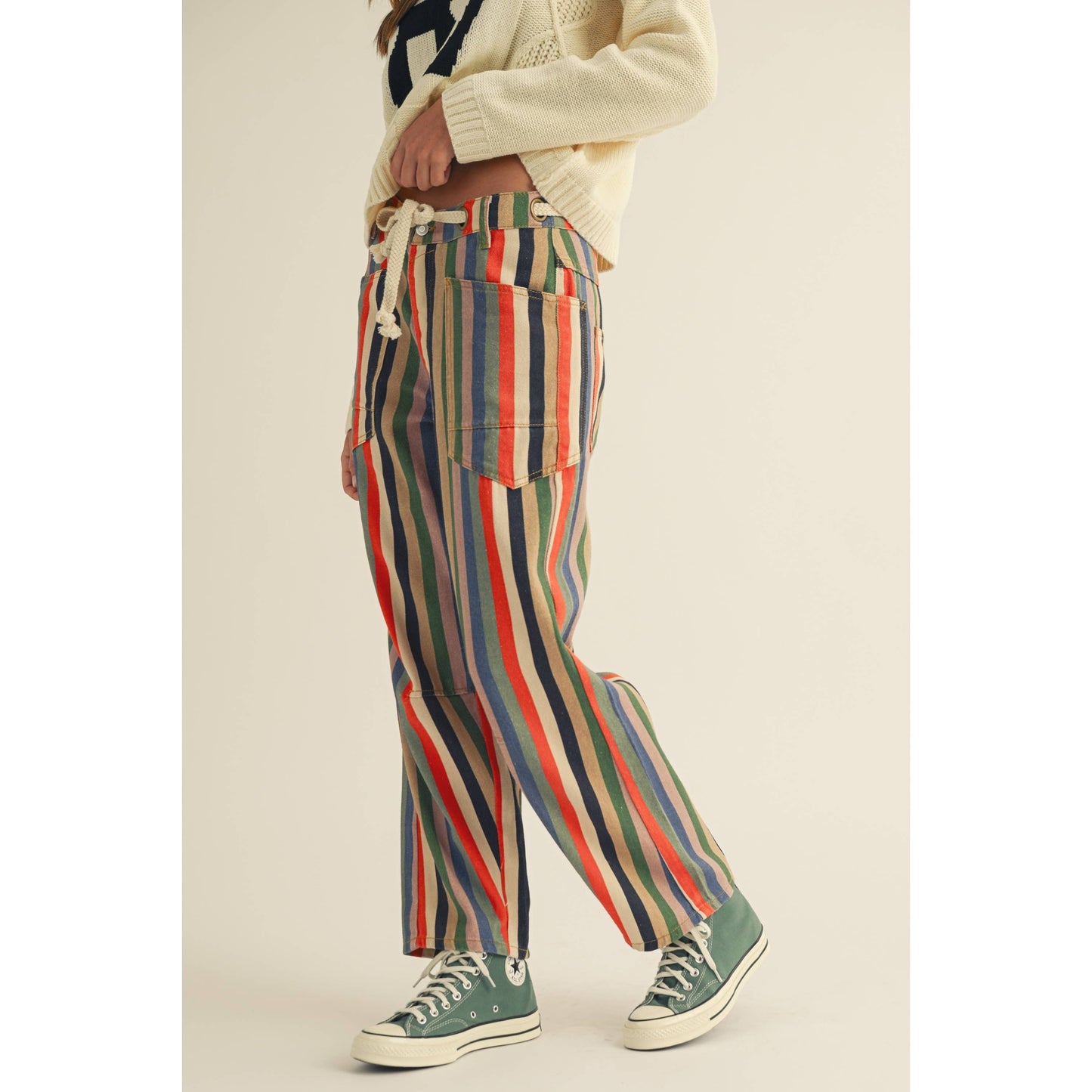 Washed Multi Stripes Rope String Relaxed Fit Pant