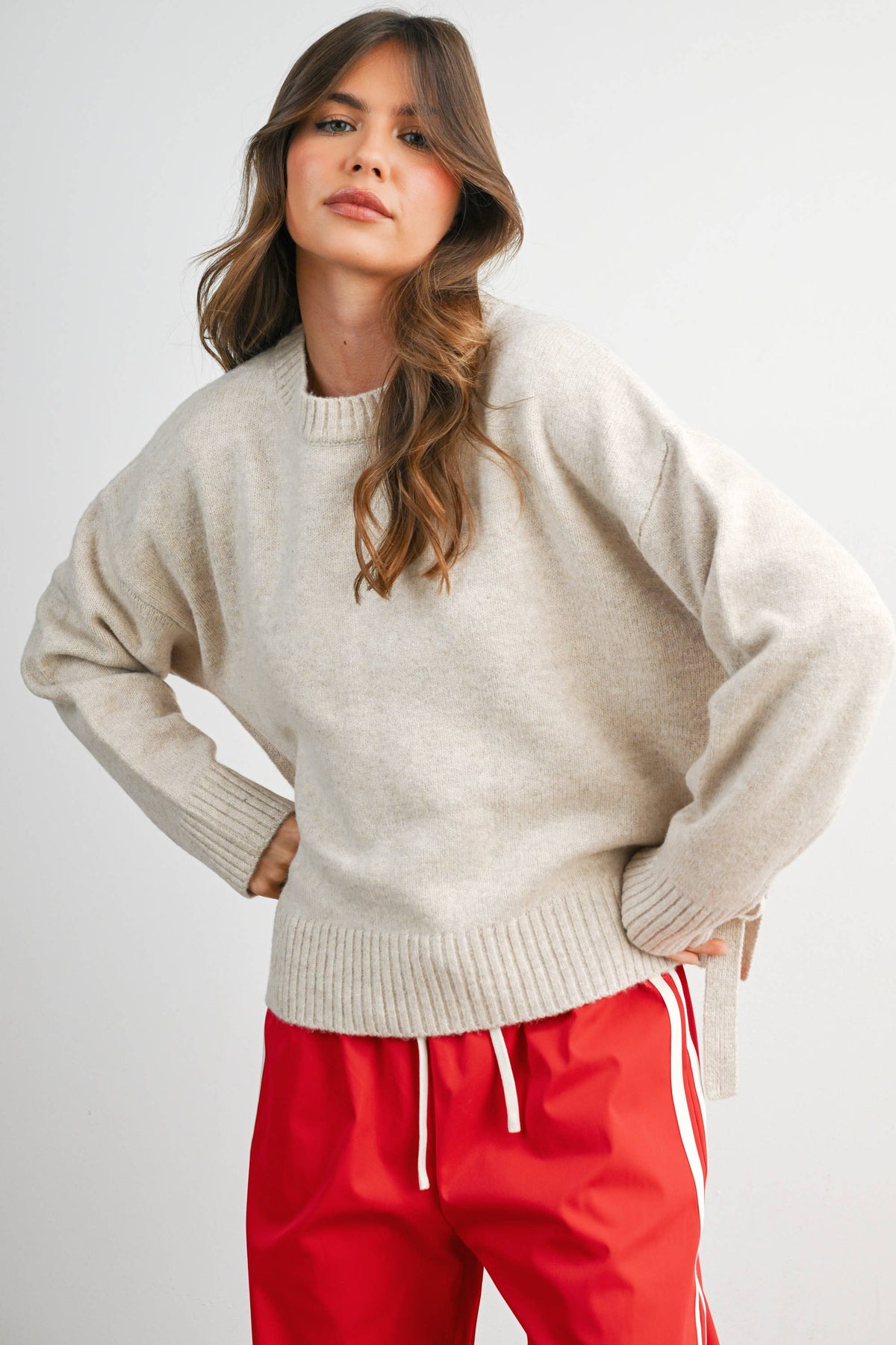 Striped Drawstring Wide-Leg Cuffed Pants: RED / WHITE