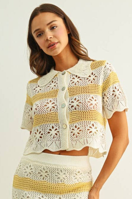 FLORAL CROCHET KNIT TOP: CREAM/CUSTARD
