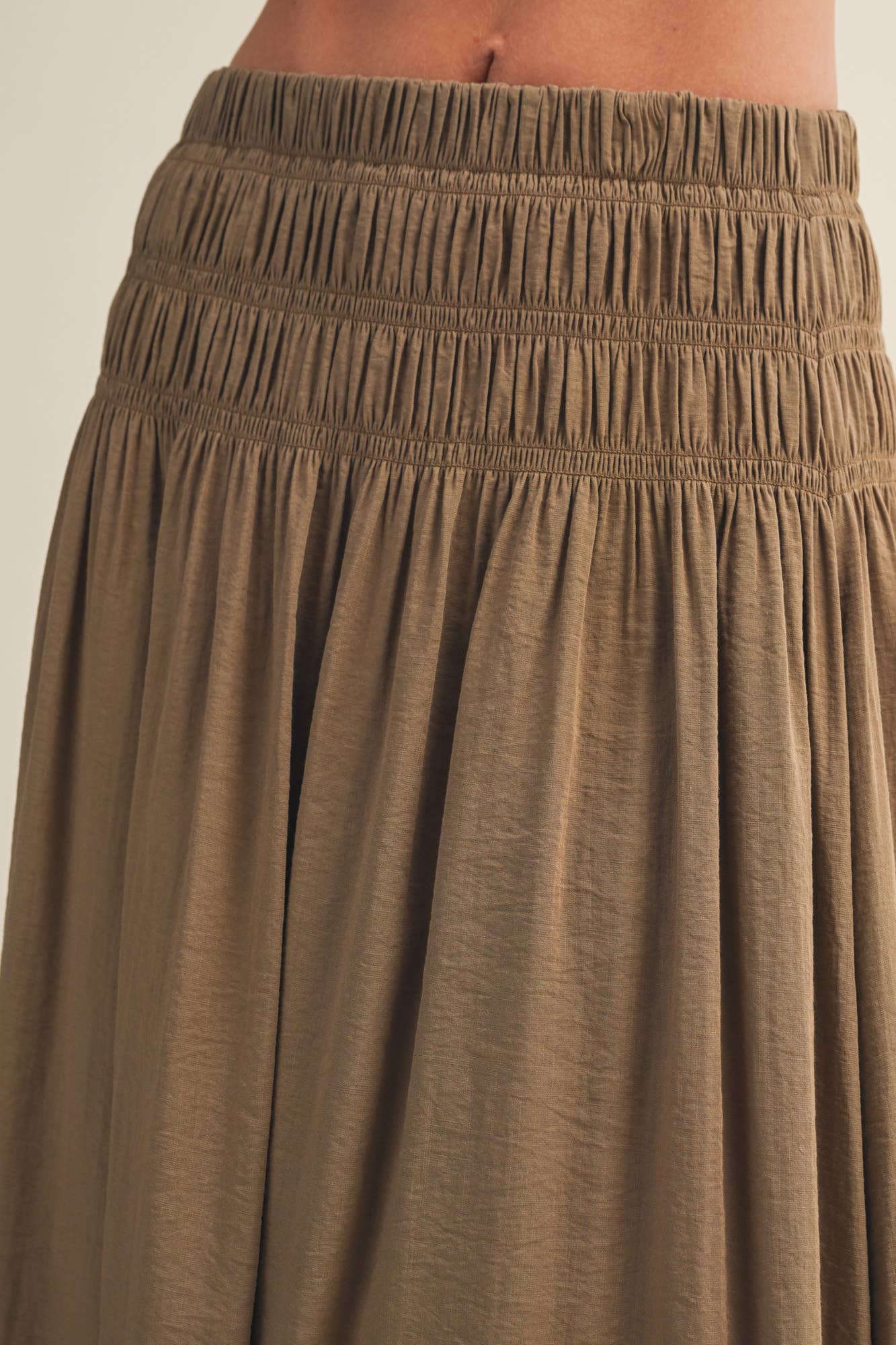 Smocked Waistband A-Line Maxi Skirt and bubble top set: MOCHA