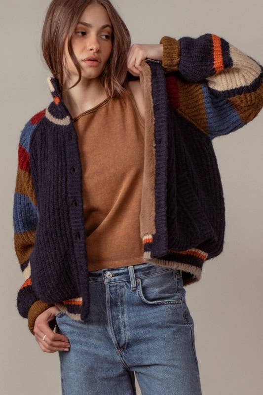 Chunky Rib-Knit Faux Fur Lined Cardigan: NAVY