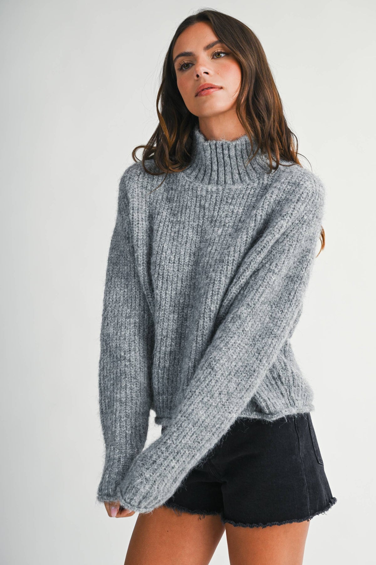 Soft Brushed Mock Neck Sweater: Heather Gray