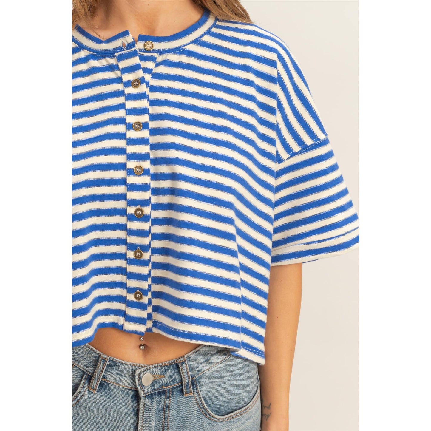 Striped Button-Up Tee: BLUE