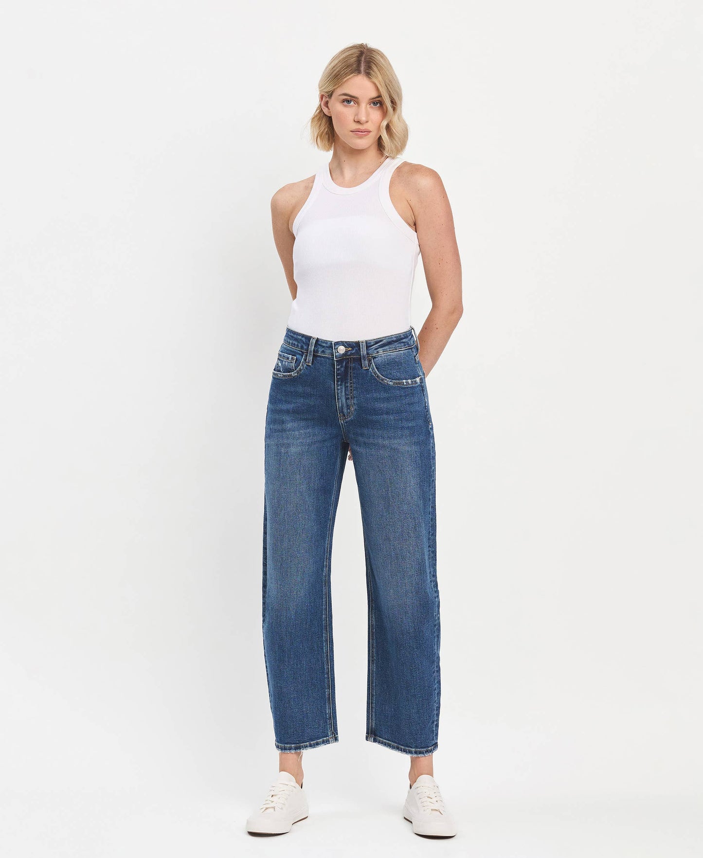 HIGH RISE MEDIUM DARK WASH ANKLE BARREL JEANS