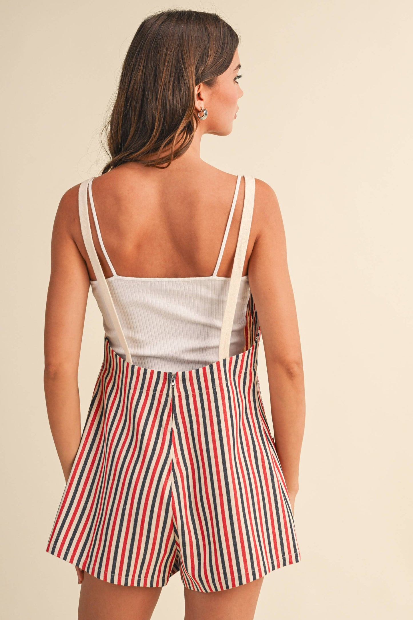 A MULTI STRIPED ROPE STRAP SHORTALLS: RED/BLUE