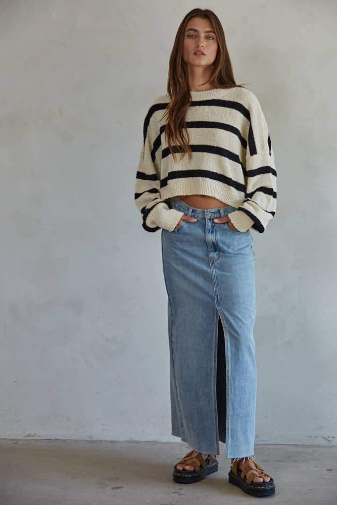 Knit Sweater Striped Crewneck Long Sleeve Top: Natural Black