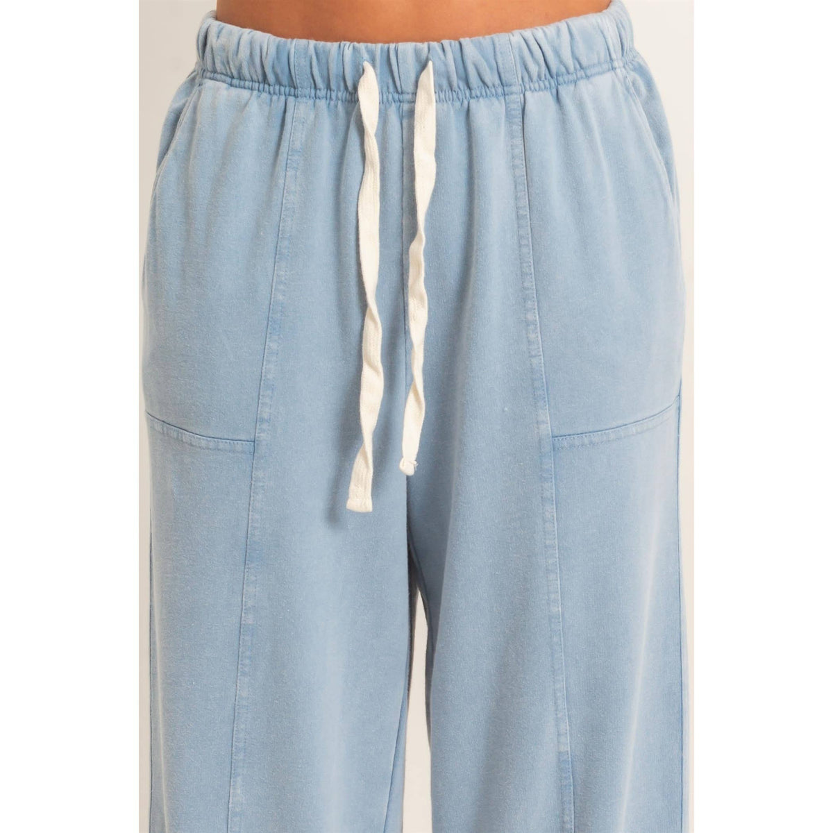 Acid Wash Drawstring Waist Wide Leg Pants: DUSTY BLUE