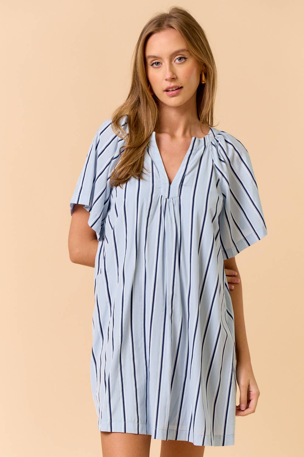 Striped Deep V-Neckline Mini Dress: LT BLUE