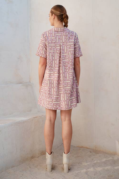 ABSTRACT PATTERN MINI SHIRT DRESS: Mauve
