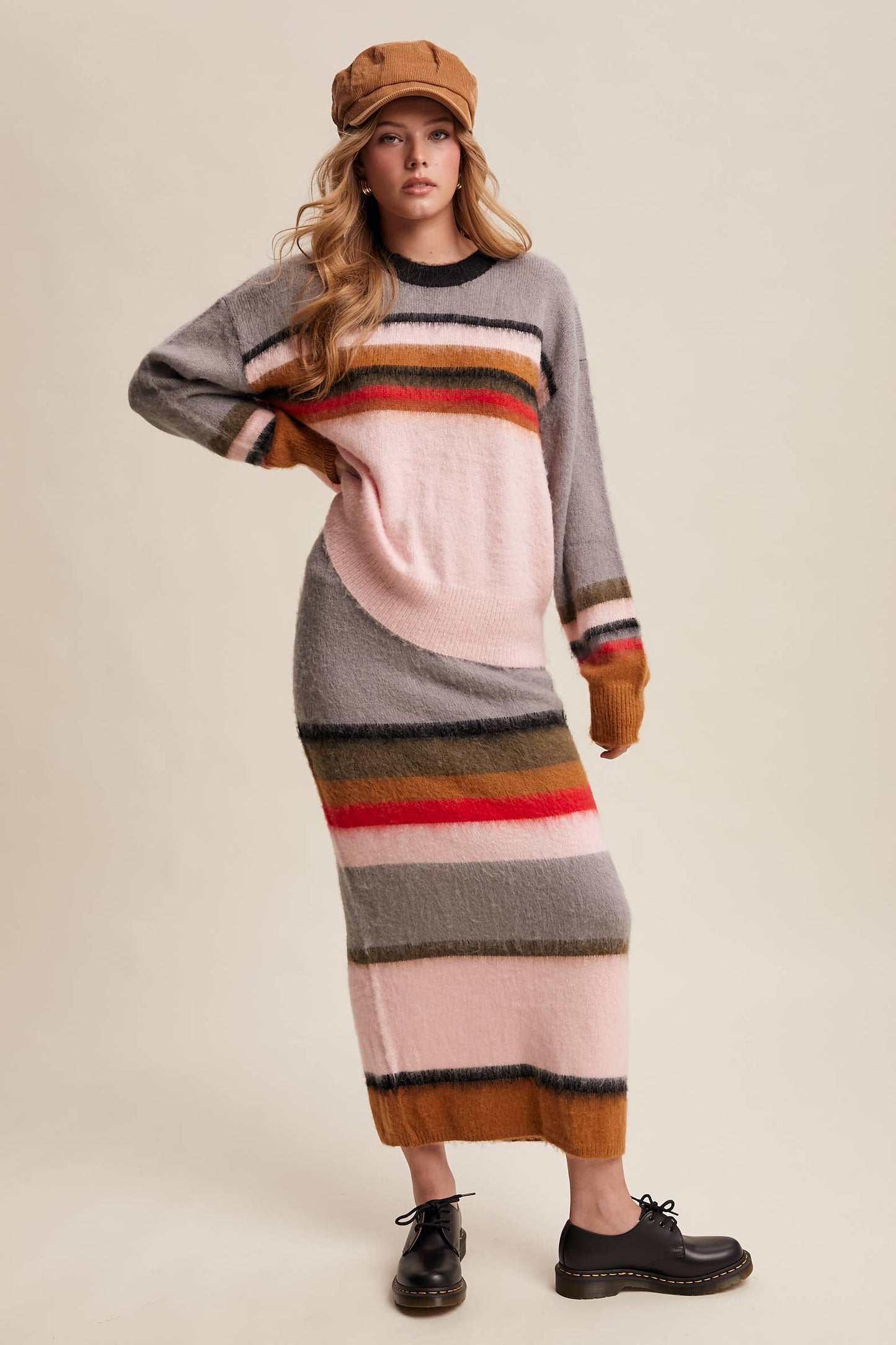 Striped Fuzzy Knit Sweater & Skirt: Light Pink Multi
