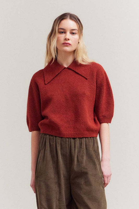 3/4 SHORT SLEEVE COLLAR NECK KNIT TOP: MAPLE