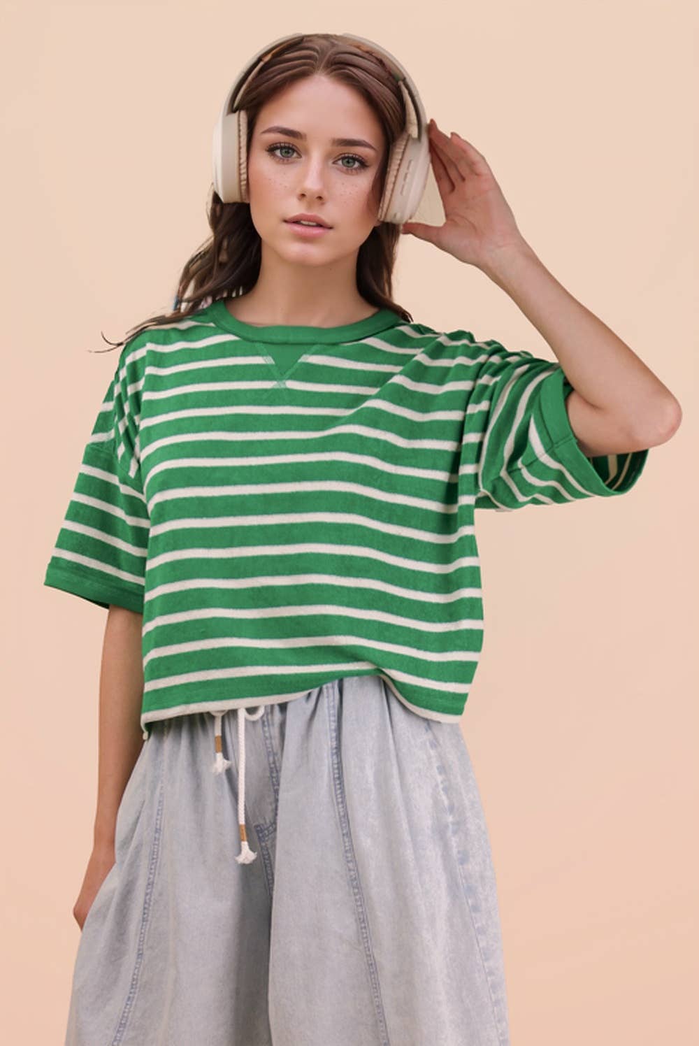 Oversized Stripe Terry Top: GREEN/OATMEAL