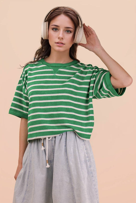 Oversized Stripe Terry Top: GREEN/OATMEAL