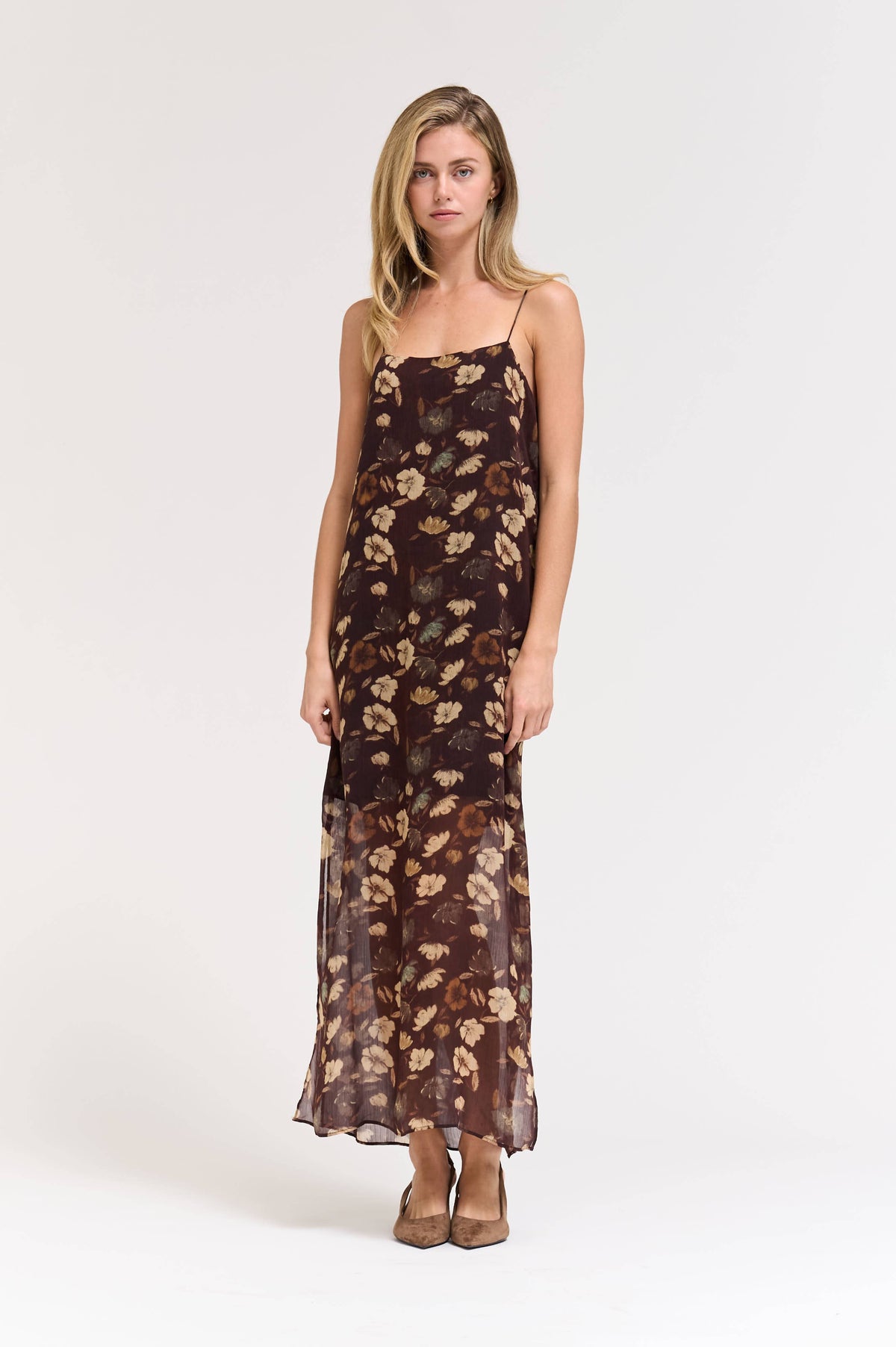 SPAGHETTI STRAP MAXI DRESS: CHOCOLATE