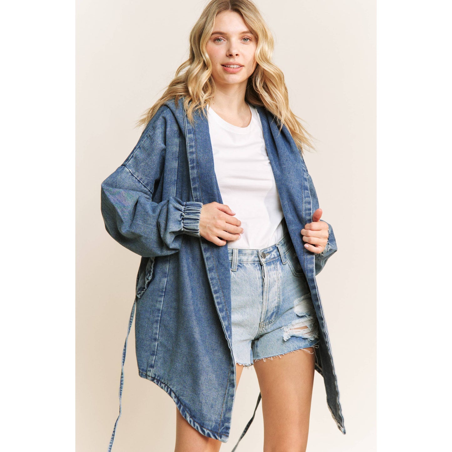 VINTAGE DENIM WASHED HOODED COAT SHACKET: Medium Denim
