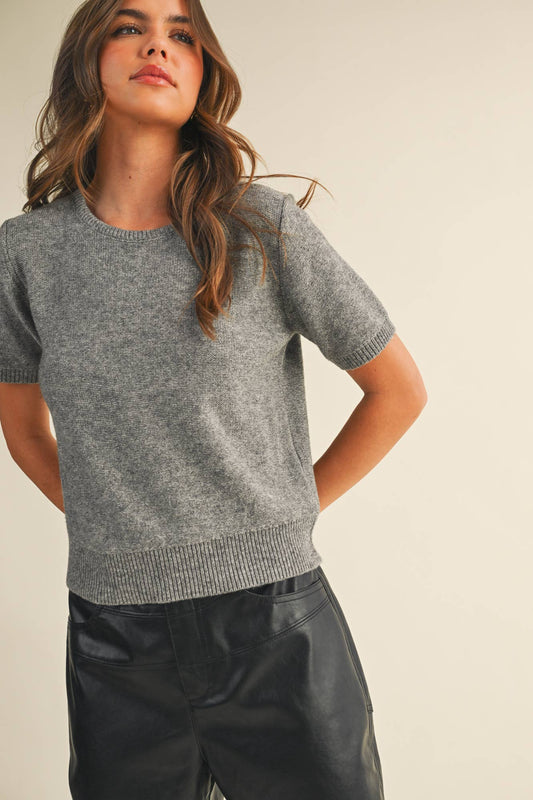 SHORT SLEEVE CREW NECK SWEATER: H.GREY