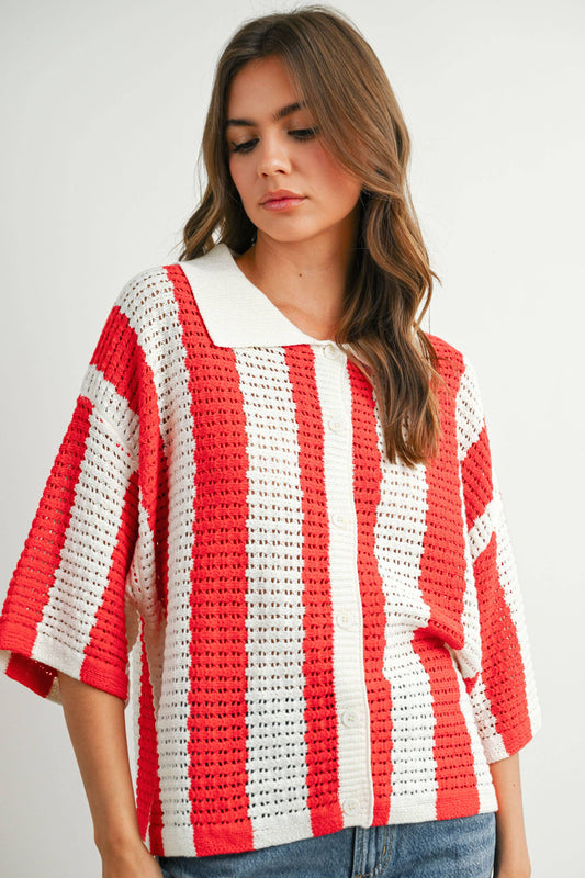 Striped Knit Button-Up Sweater: IVORY / RED