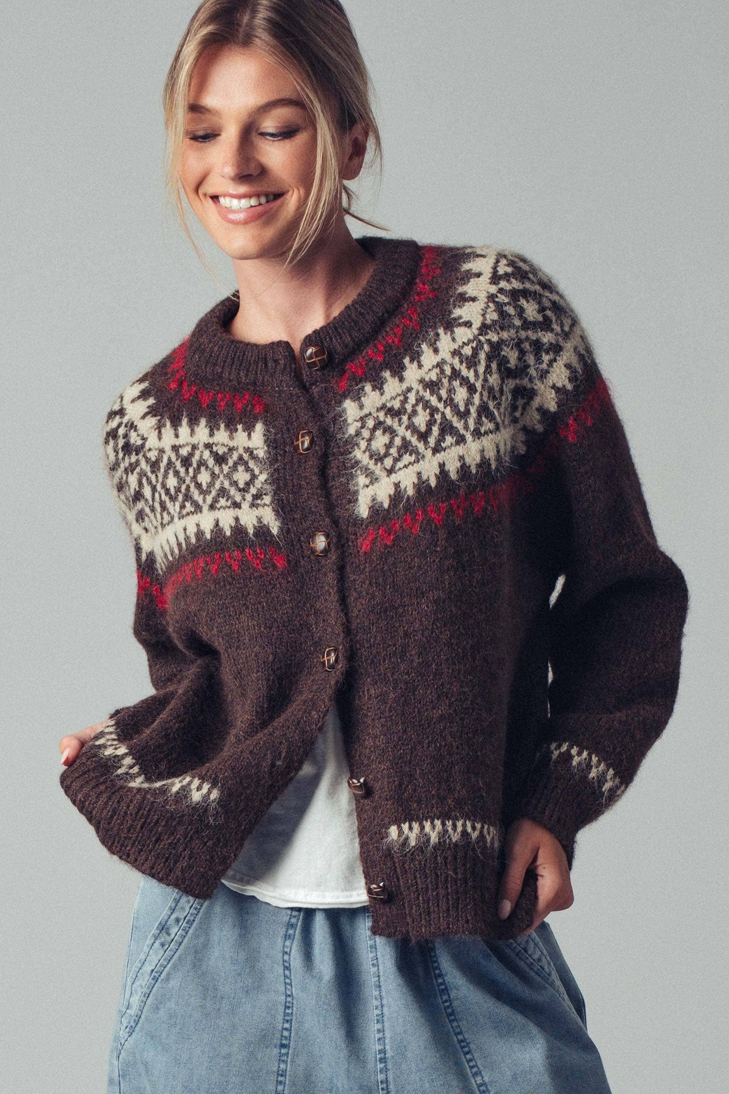 Fair Isle Nordic Toggle Knit Cardigan: BROWN