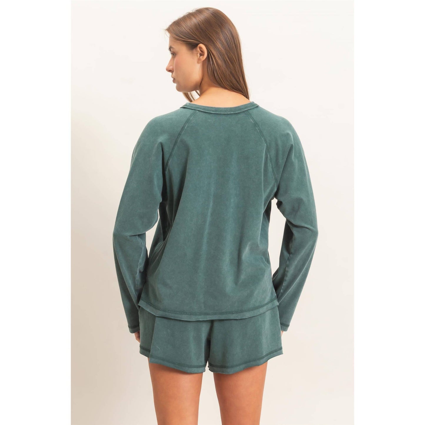 Mineral Wash Long Sleeve Raw Edge Top & Shorts Set: BLACK