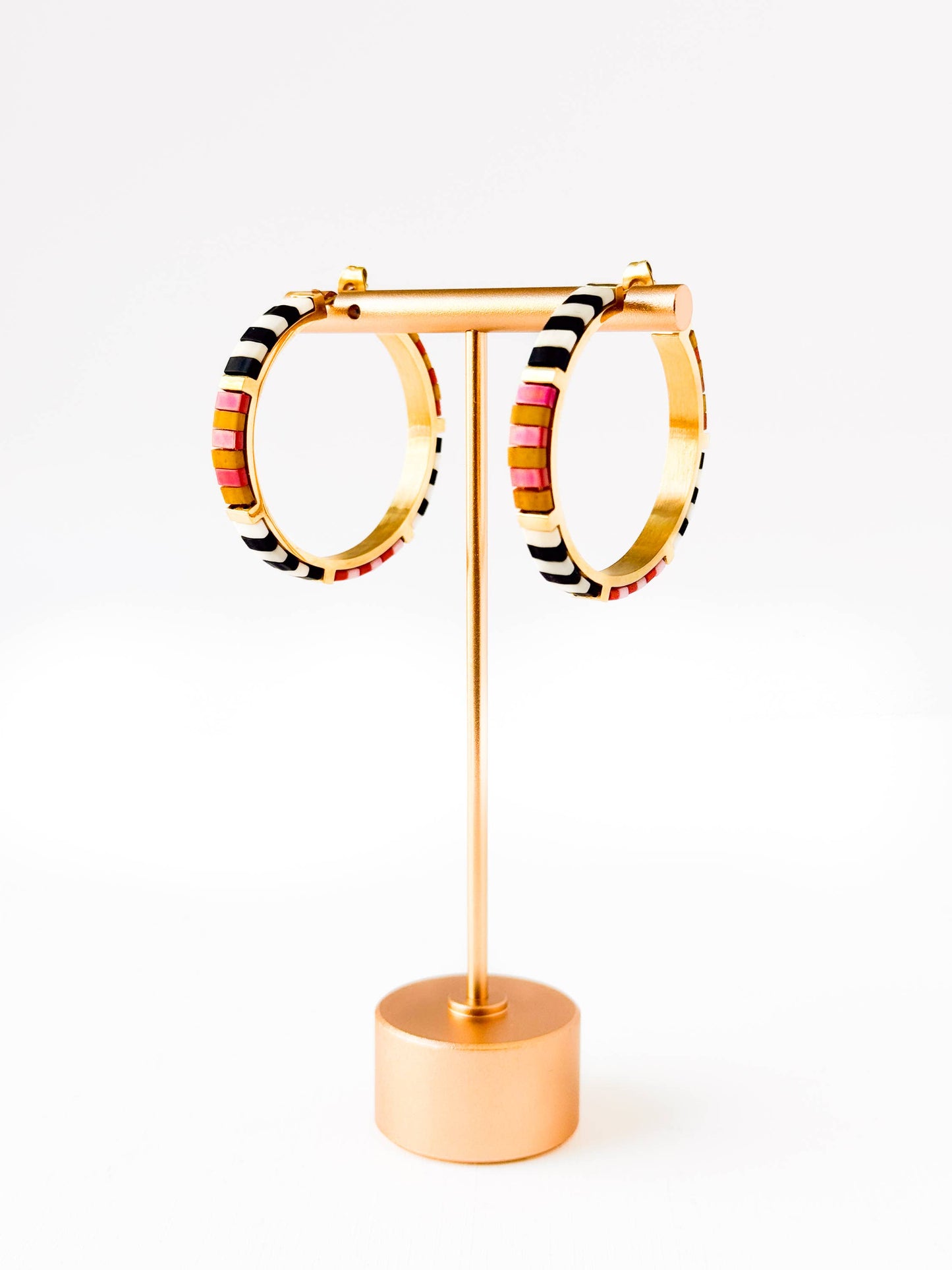 Big Bold Tila Bead Hoop Earrings Gold-Plated, Handmade- B+W