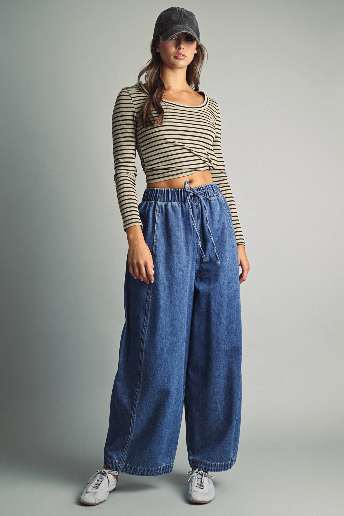LOOSE BARREL ELASTIC BAND WAIST DENIM PANTS: DENIM