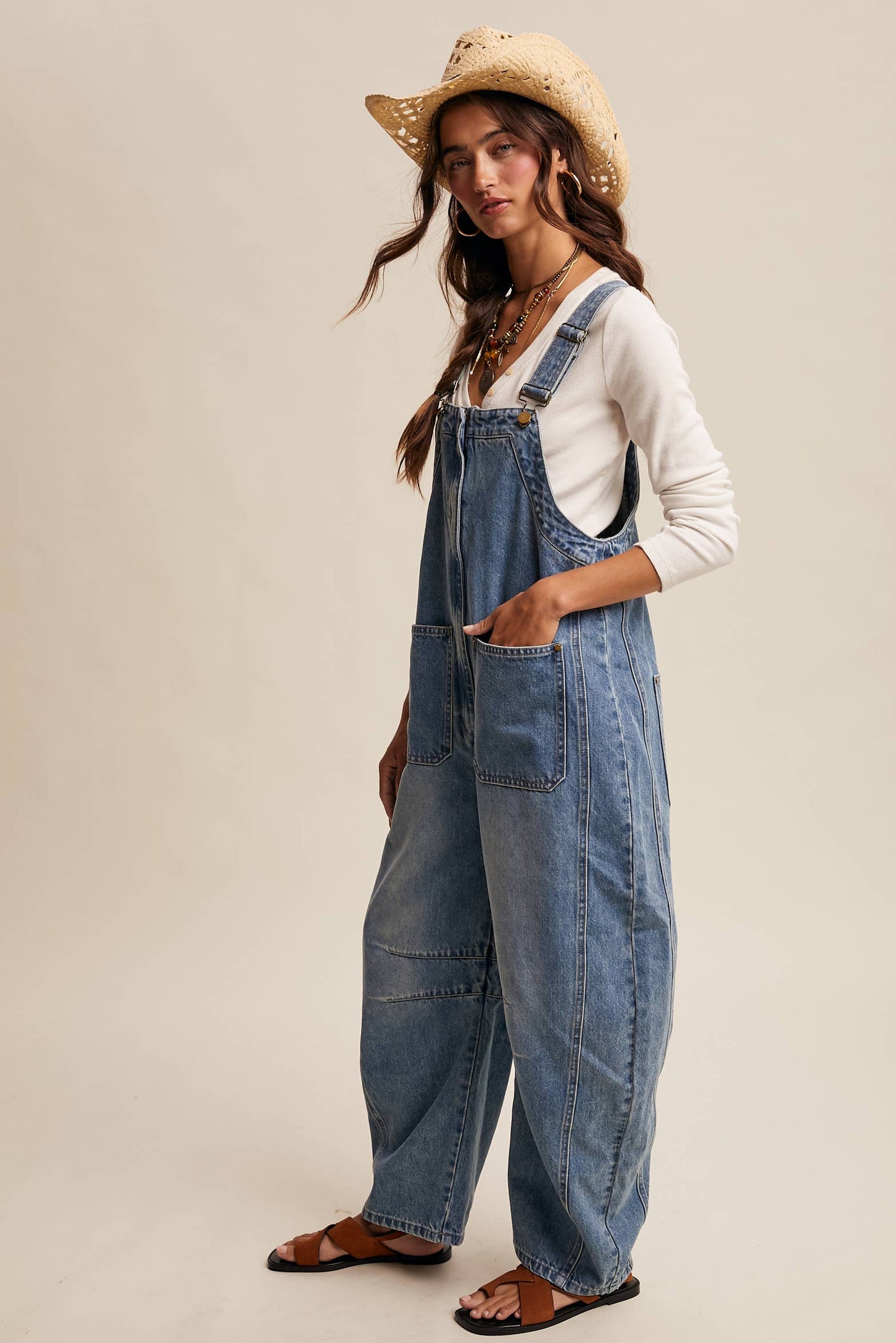 Wide-Leg Denim Overalls: Sunwashed Blue