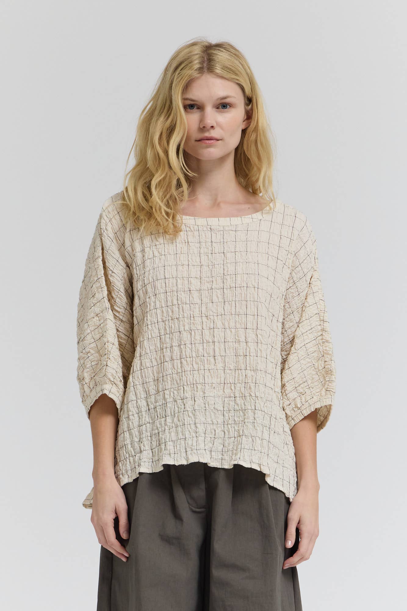 CHECK PRINT GAUZE BLOUSE: Black