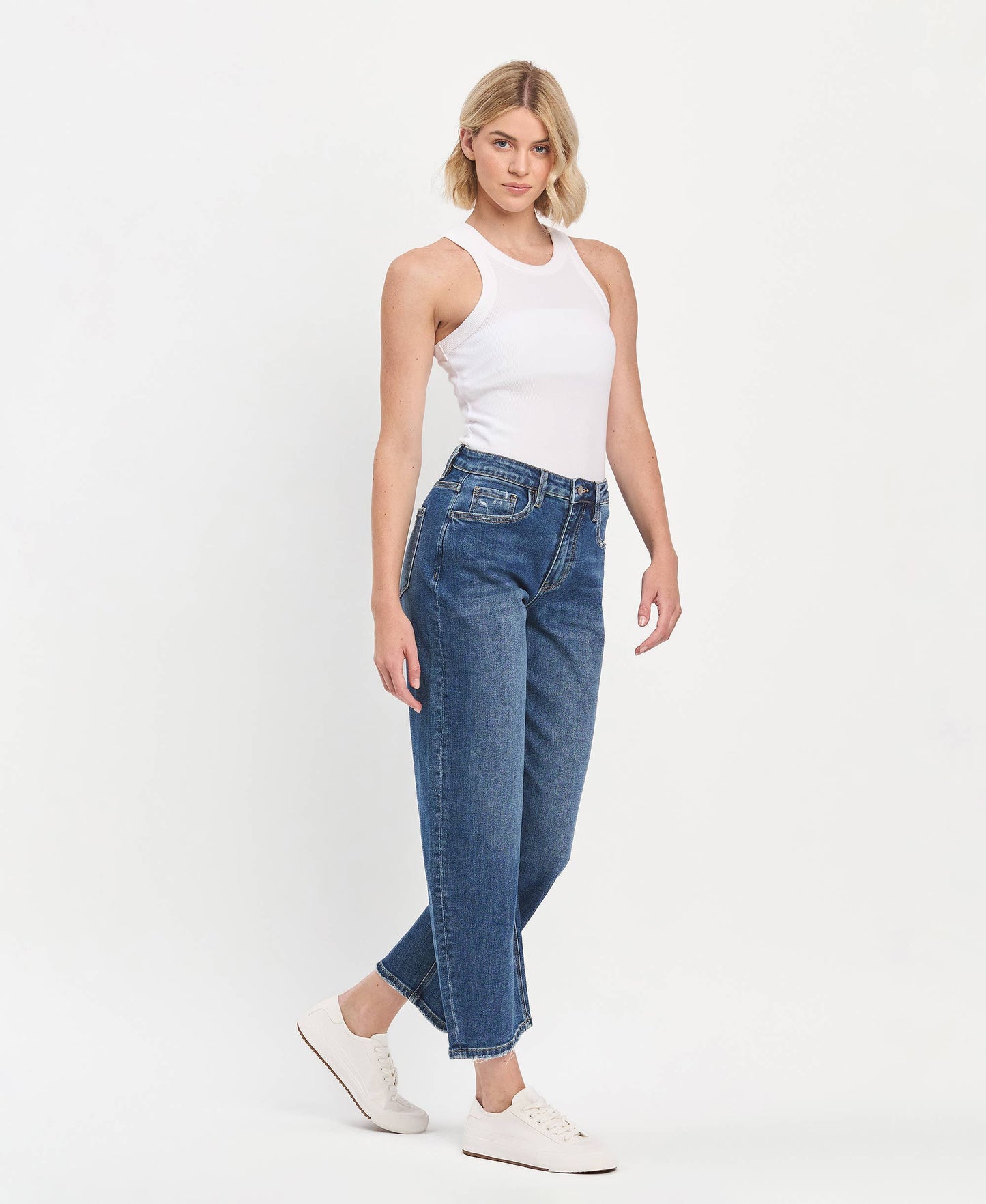 HIGH RISE MEDIUM DARK WASH ANKLE BARREL JEANS