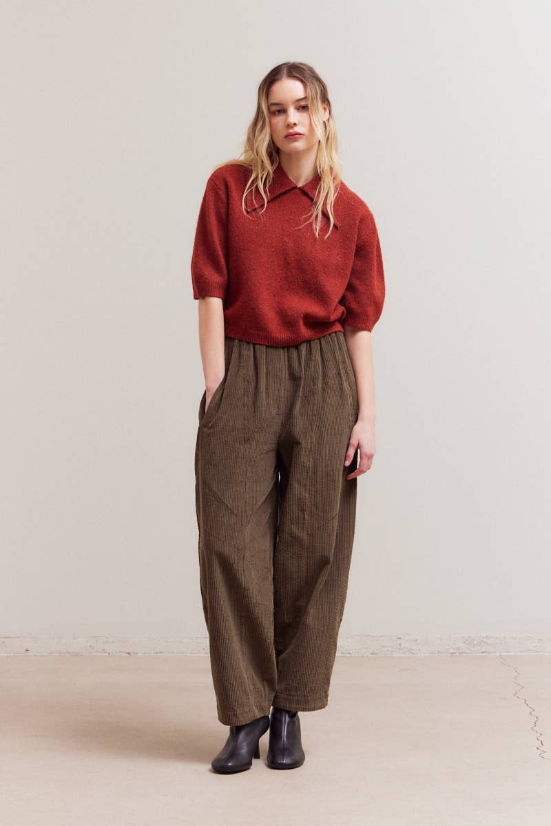 3/4 SHORT SLEEVE COLLAR NECK KNIT TOP: MAPLE