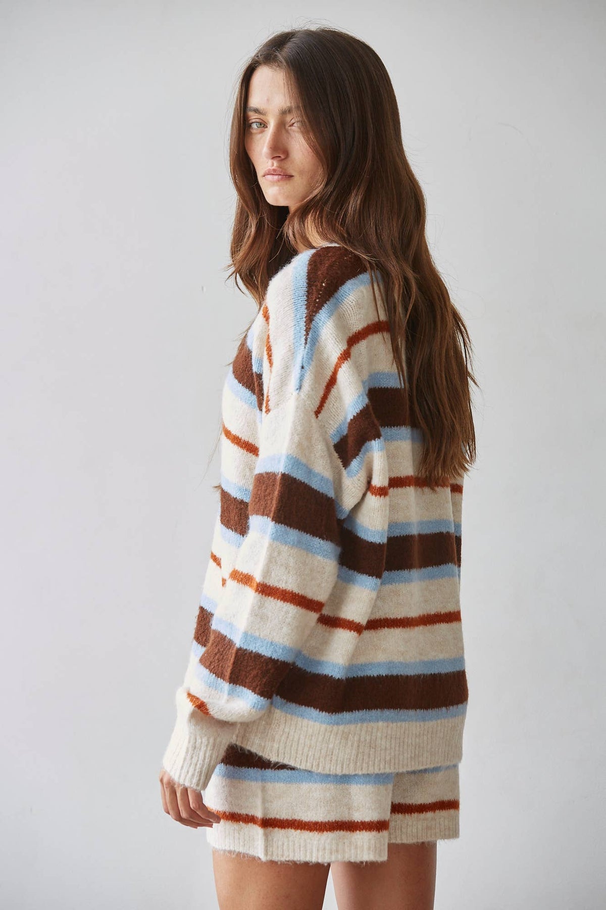 Knit Sweater Multicolor Striped Buttondown Cardigan: Natural Brown