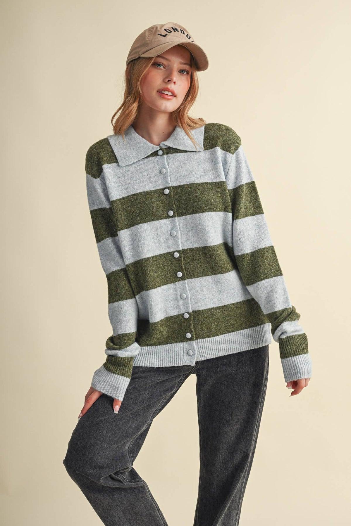 STRIPED SWEATER CARDIGAN: POWDER BLUE OLIVE