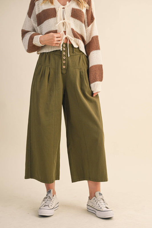 COTTON TWILL HIGH WAIST CROPPED WIDE LEG PANTS: OLIVE