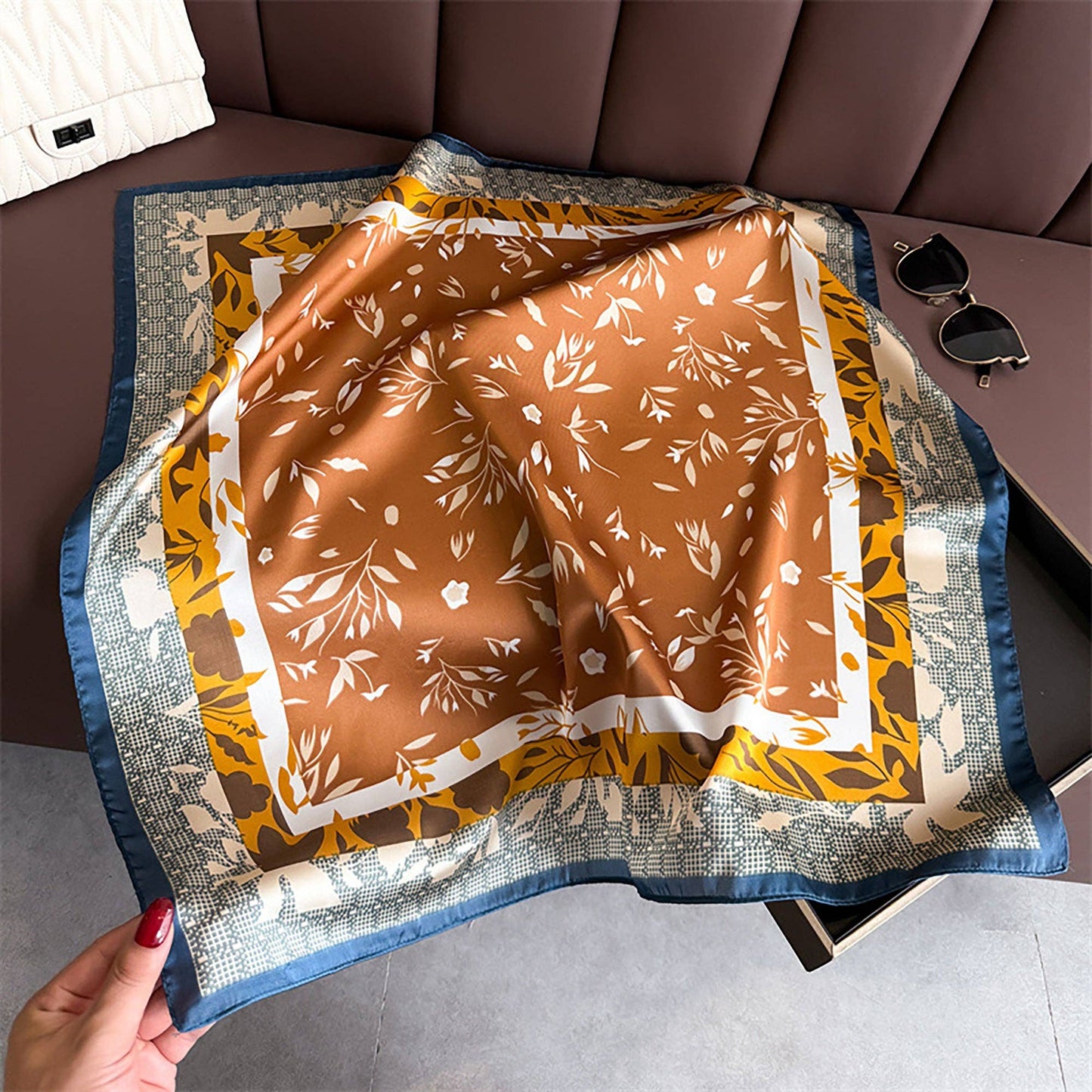 Satin Square Scarf with Botanical Print Soft Accessory: Brown