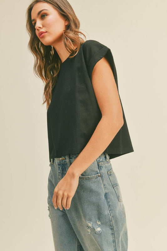 ROUND NECK CUFFED SLEEVE TOP: BLACK