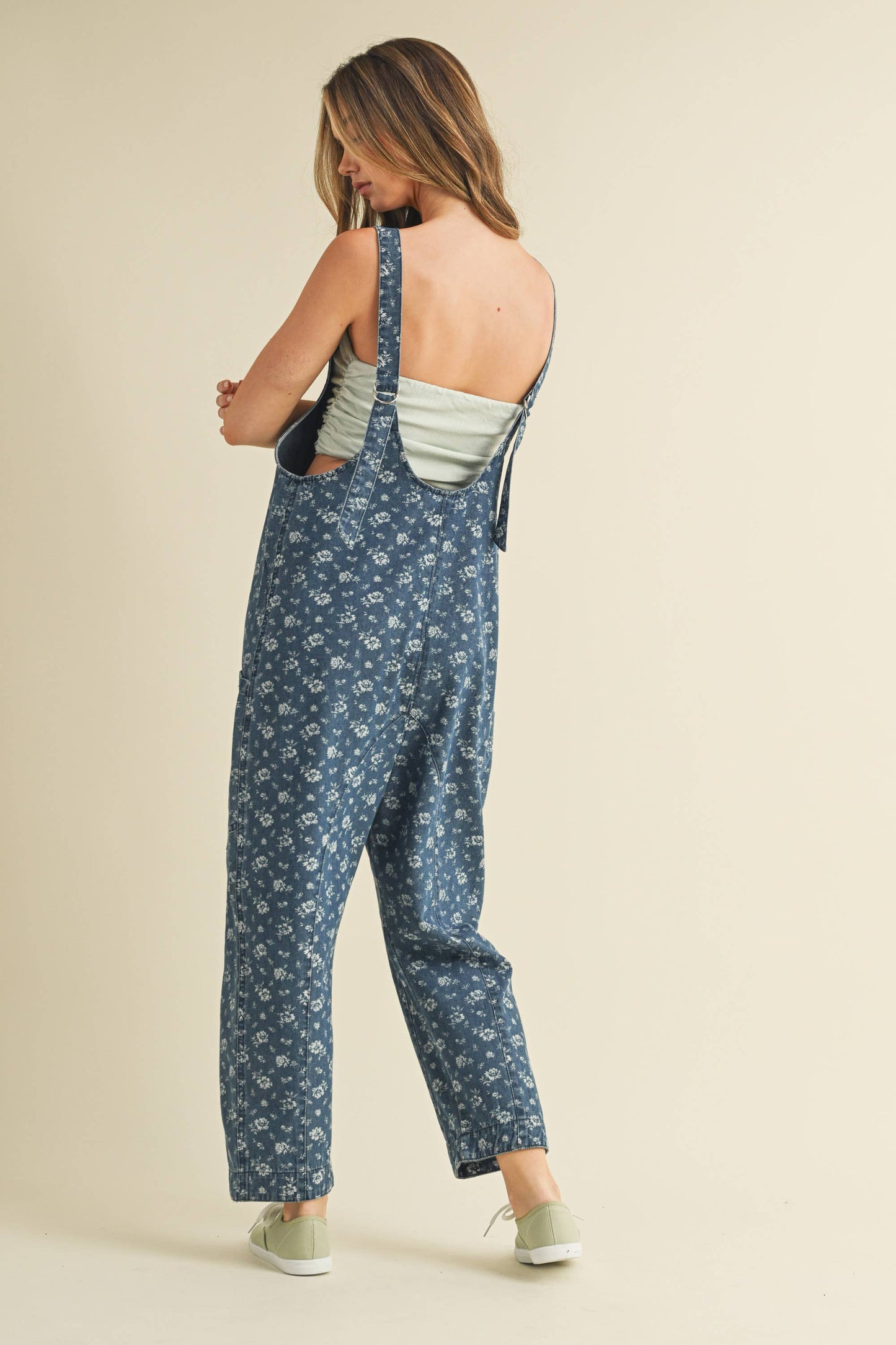 FLOWER PRINT DENIM JUMPSUIT: DENIM