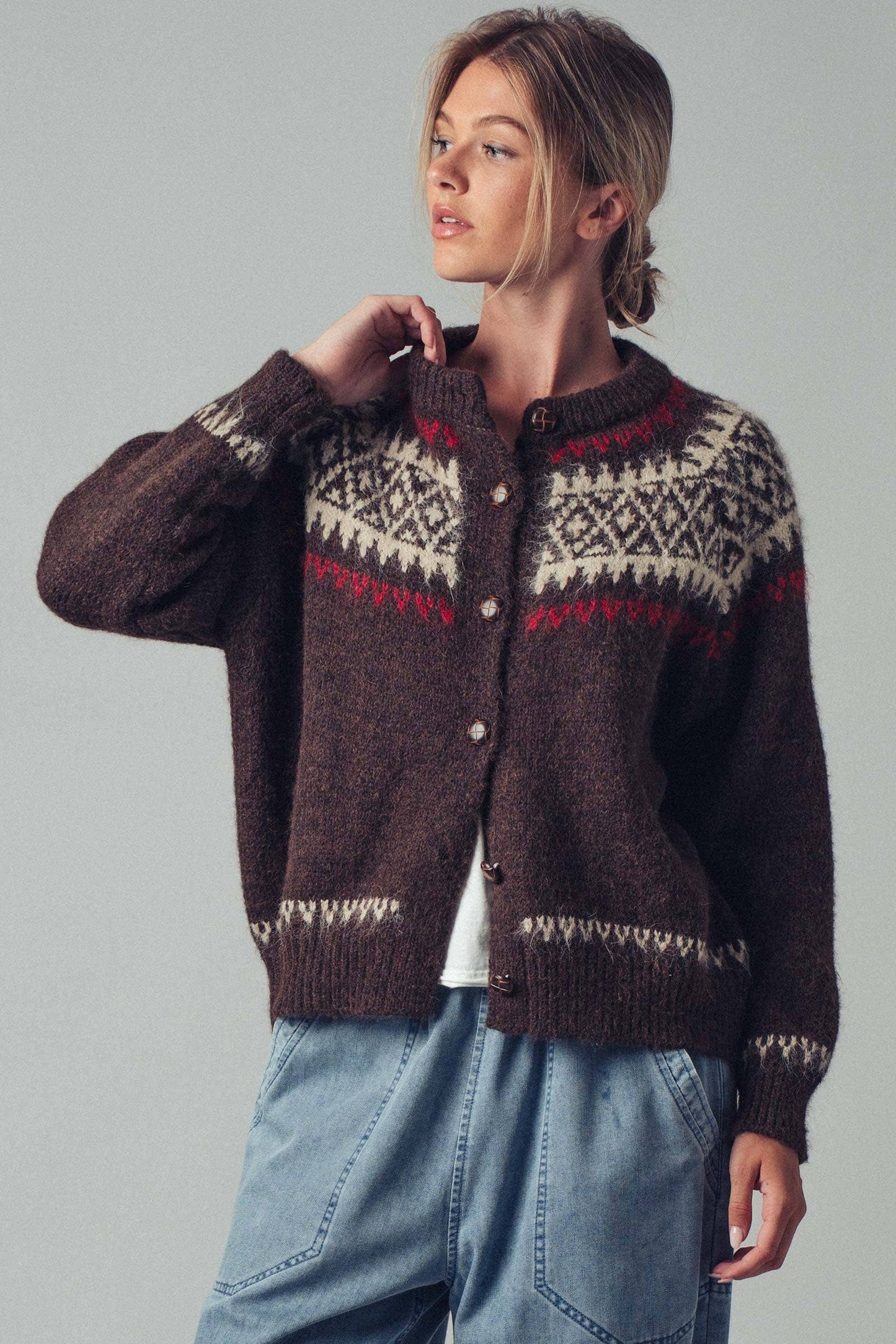 Fair Isle Nordic Toggle Knit Cardigan: BROWN
