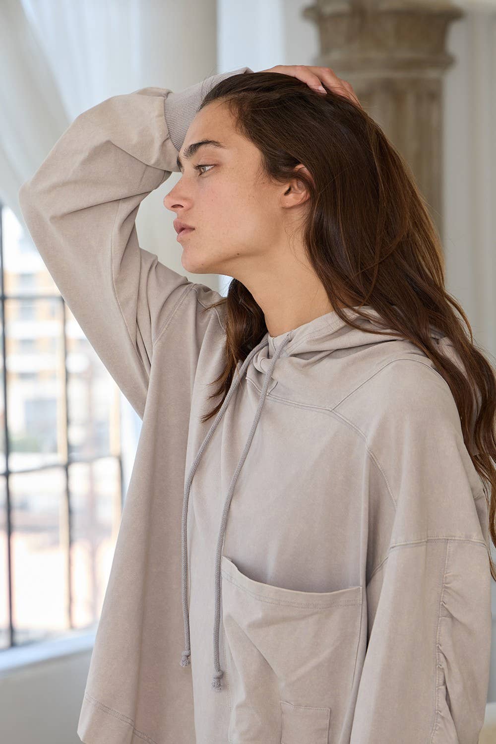 Drawstring High Neck Oversized Hoodie: Taupe grey