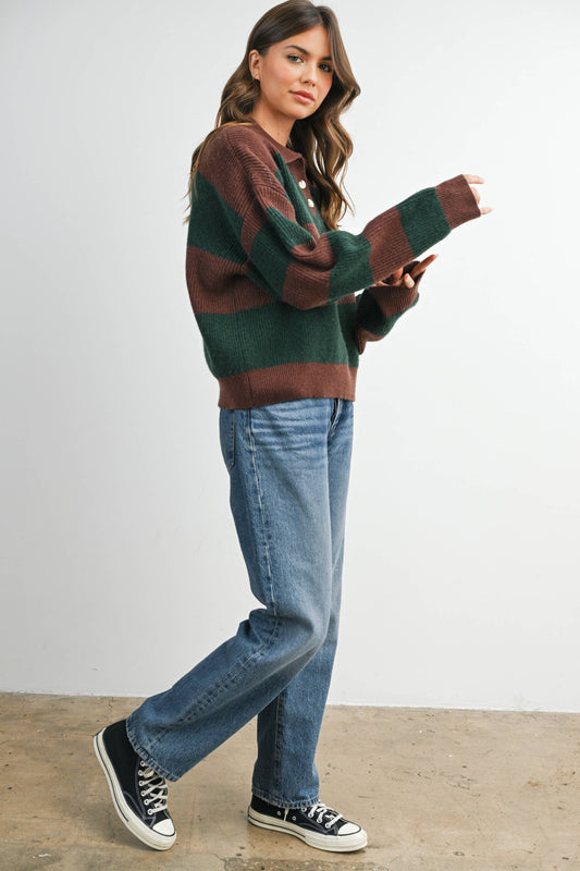 Striped Color Block Collared Sweater: BROWN / OLIVE