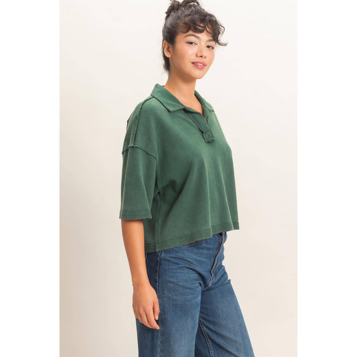 Mineral Wash Oversized Collar Short Sleeve Top: DARK GREEN